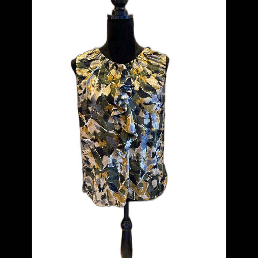Jaclyn Smith Blouse Sz‎ Large Top Sleeveless Ruffle Front Green Rounded Neckline